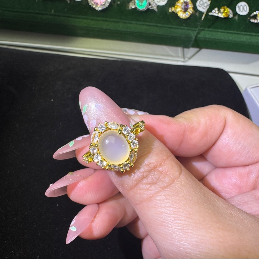 White Cabochon CZ Statement Ring – Adjustable Gold Floral Halo